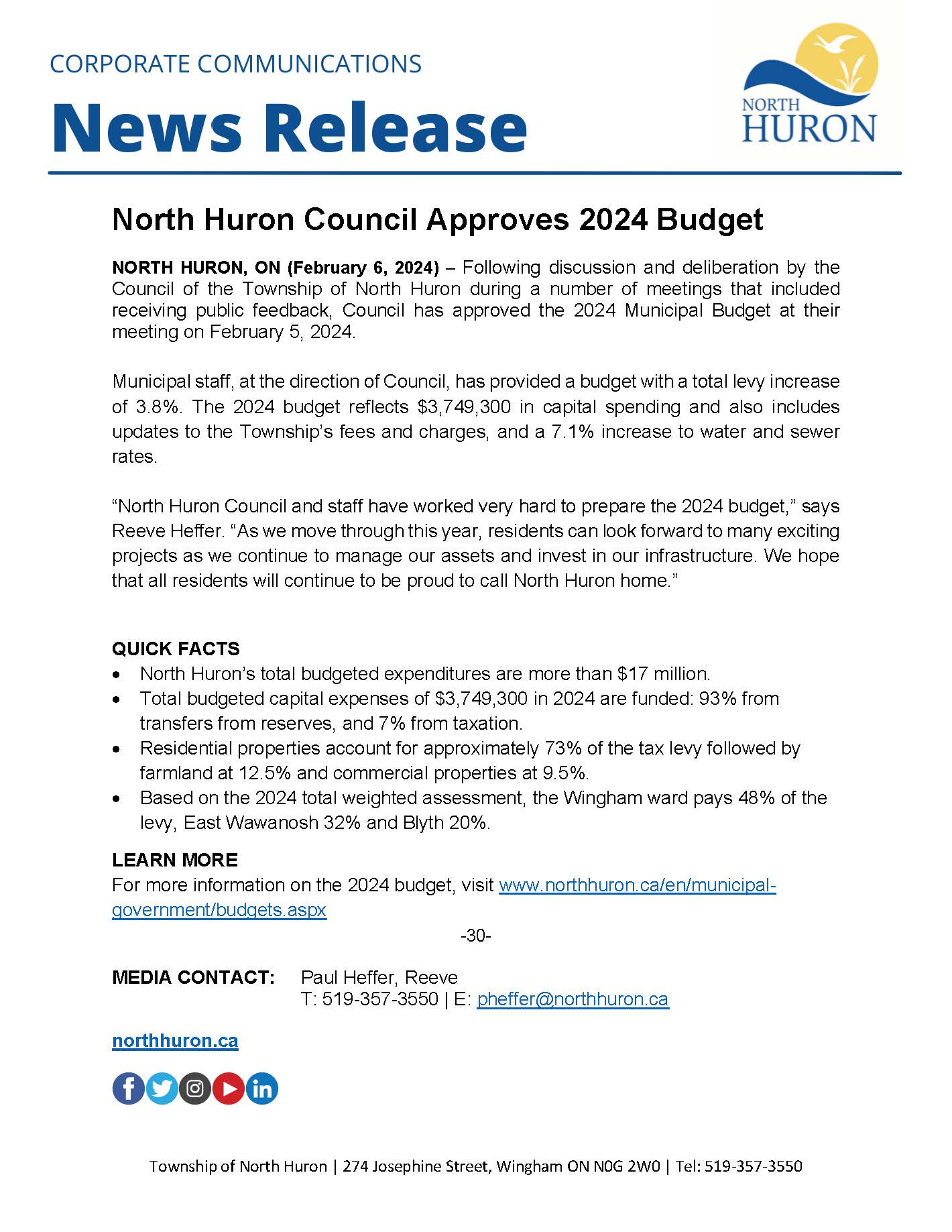 North Huron Council Approves 2024 Budget